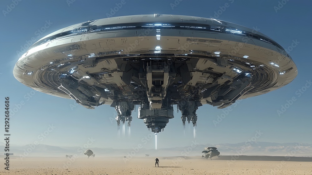 Poster Stunning Depiction of an Advanced Alien Spacecraft Hovering Gracefully Over an Unidentified Distant Planet Showcasing Sleek Organic Design and Futuristic Technology  This Imaginative