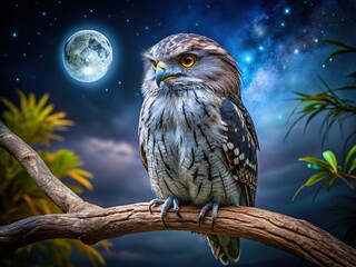 Nocturnal tawny frogmouth on a branch, nature's beauty.