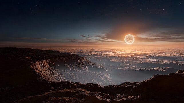 Stunning rendering depicting the potential life sustaining zones on the exoplanet Proxima b where temperatures may allow for the presence of liquid water captured at a breathtaking sunset