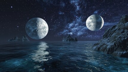 Naklejka premium A surreal celestial ocean where moons float like islands reflecting constellations in the waves