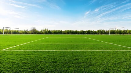 Obraz premium Vibrant Green Football Field with Goalposts at Both Ends Photo of a Lush Grassy Athletic Pitch Ready for a Sports Competition or Match