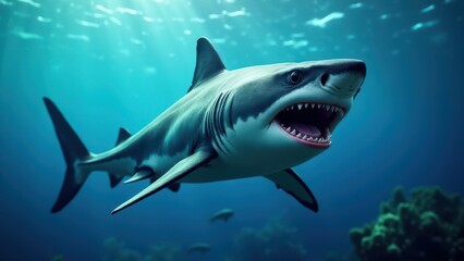 Obraz premium A realistic 3D rendering of a shark swimming underwater, showcasing its sharp teeth and streamlined body.