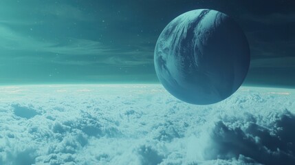 A surreal scene of an upside-down planet floating above an ocean of glowing gas clouds