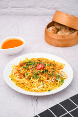 curry laksa with rice noodles. Laksa is a type of noodle dish with spices typical of Peranakan culture that combines Chinese and Malay. Asian traditional soup.