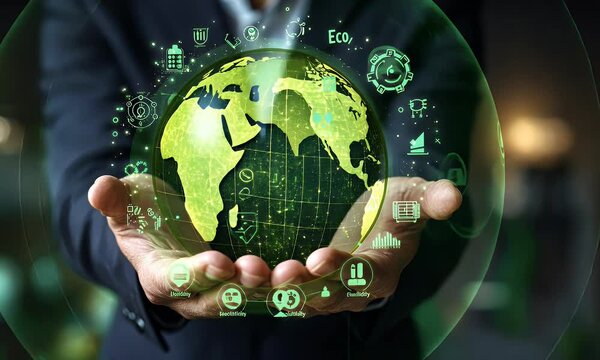 Person holding digital globe, sustainability icons, dark office background, global network concept
