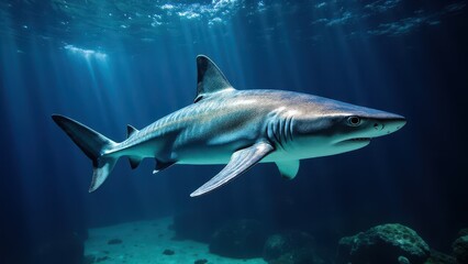 Fototapeta premium An iridescent shark glides gracefully through the ocean, illuminated by beams of sunlight filtering through the water.