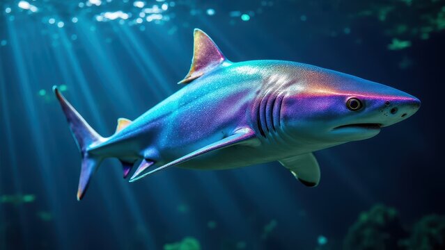 An iridescent shark swims gracefully underwater, illuminated by beams of light.
