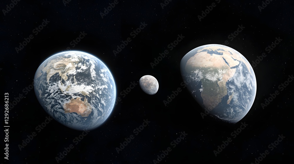 Poster Visual comparison showcasing the size atmospheric and distance differences between the planet Earth and the exoplanet Proxima b orbiting their respective stars