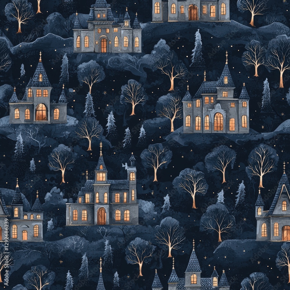 Poster abstract design featuring a repetitive pattern of various houses in different styles and colors