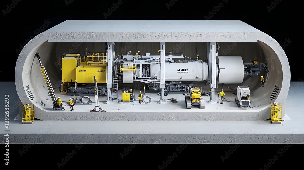 Poster visualization of a futuristic railway tunnel construction site featuring advanced drilling technology heavy machinery and a conceptual innovative workspace environment