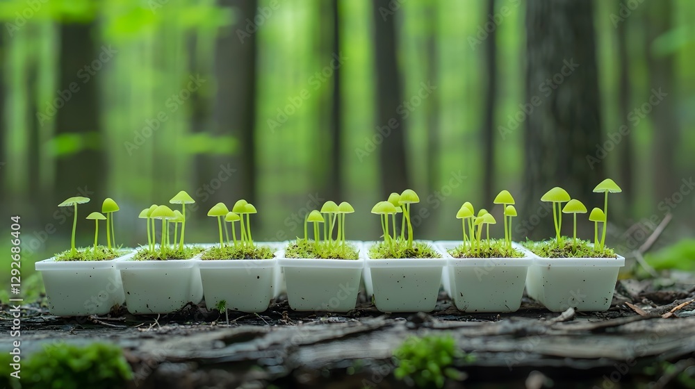 Poster Visualization of Fungi Colonies Growing on Simulated Radioactive Waste Container  The image depicts a closeup view of various mushroom and fungal growths thriving on the surface of a container