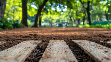 Wooden Planks Path Through Lush Green Park