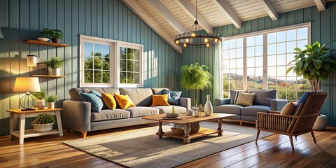 Fototapeta premium Silhouette of a cozy, light-filled Scandinavian farmhouse living room.