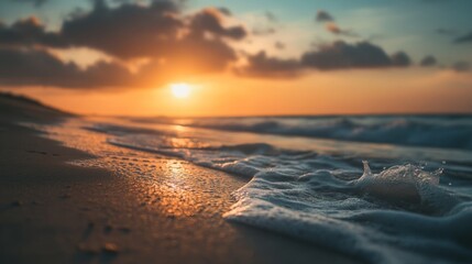 Obraz premium Close up of foamy ocean waves on the beach with the golden hour sunset in the background.