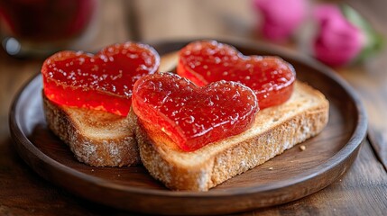 A playful and sweet Valentineâ€™s Day breakfast of heart-shaped jelly on toast, adding a personal touch to a day of love and togetherness.