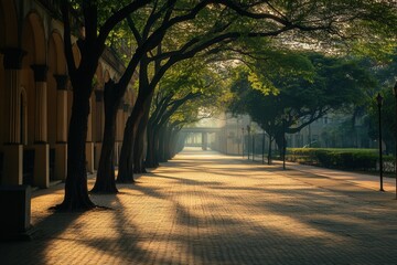 Obraz premium Sunlight Filtered Path Through Lush Trees with Paved Walkway And Beige Columns, Tranquil Morning