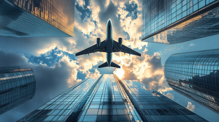 A passenger plane is flying over the top of an office building, with clouds in the background