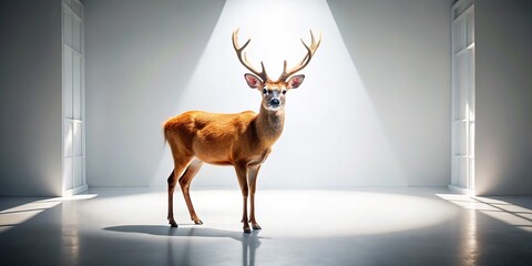 Studio deer fashion photography, white background.