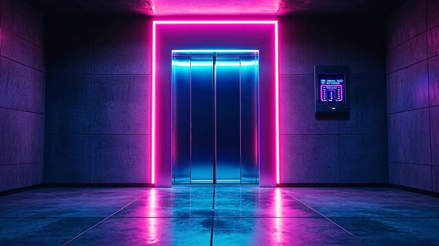 Neon-lit elevator in a dark, futuristic hallway