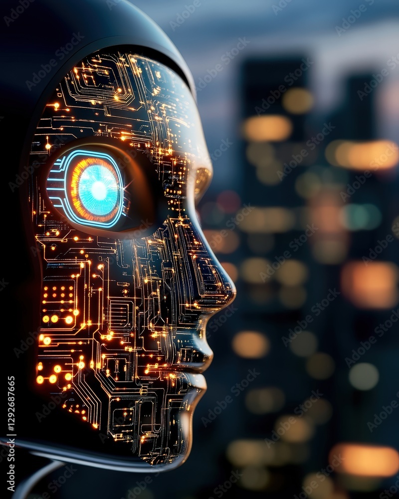 Poster non-biological humanoid, futuristic robot face with circuit pattern and illuminated eye against city