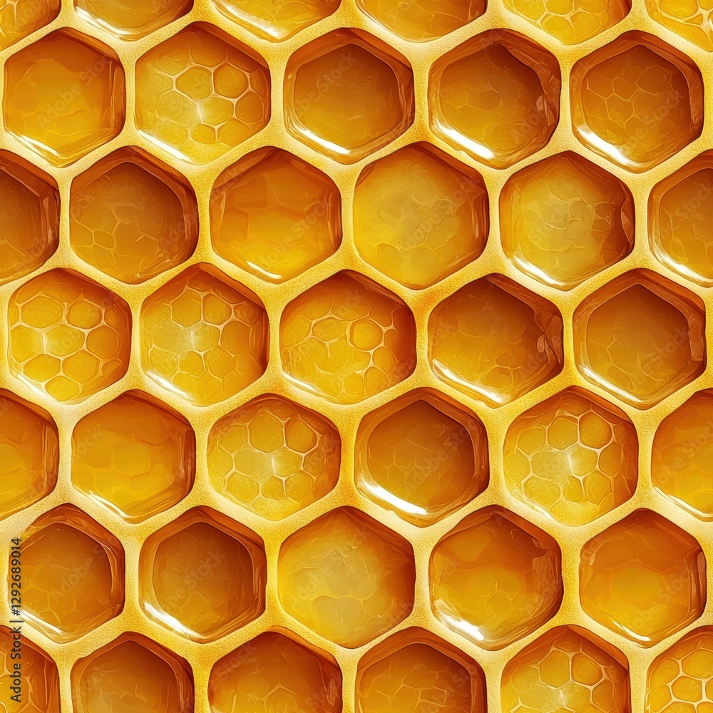 Poster close-up of a honeycomb filled with honey cells showcasing the intricate structure and rich color
