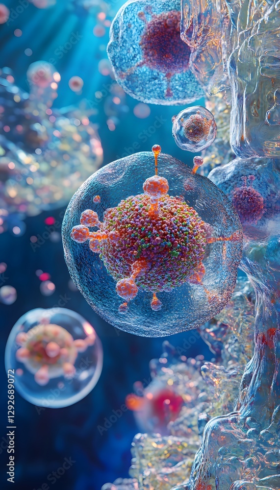Poster microscopic view of cells interacting in a fluid environment