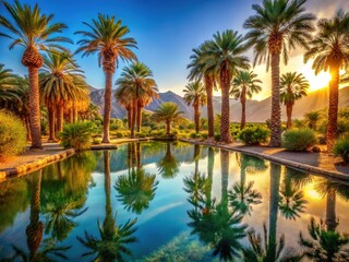 Fototapeta premium Tranquil desert pool, palm trees, ideal photo op.