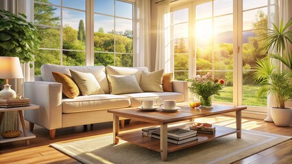 Tranquil living room scene, photorealistic AI art, relaxing.