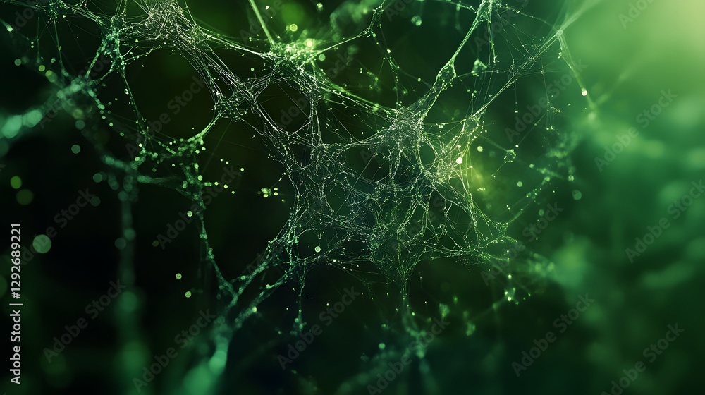 Wall mural close-up shot of a spiderweb illuminated with a green glow, showcasing intricate details and delicat