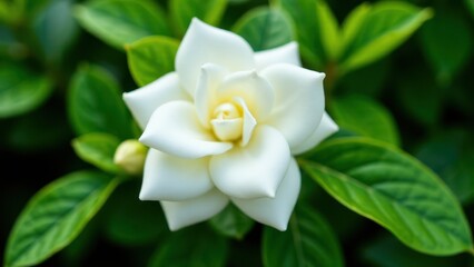 Obraz premium A close-up of a white gardenia flower with lush green leaves in the background.