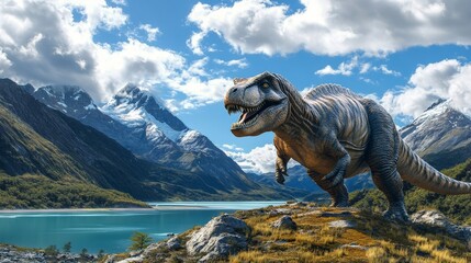 Tyrannosaurus rex dinosaur walking towards the viewer, in a scenic mountain lake setting.