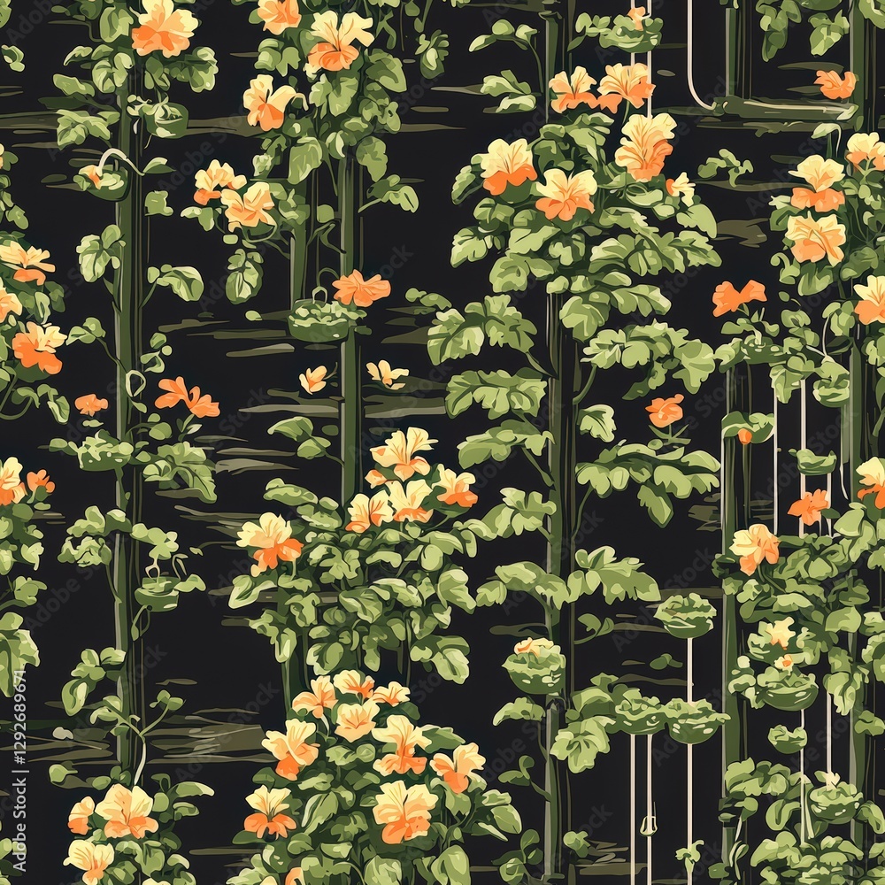 Poster intricate flower pattern with colorful blooms and lush green leaves on a soft background surface