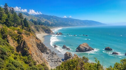 Fototapeta premium Scenic Coastal Cliffs Ocean Waves Crashing on Rocky Shore Sunny Day