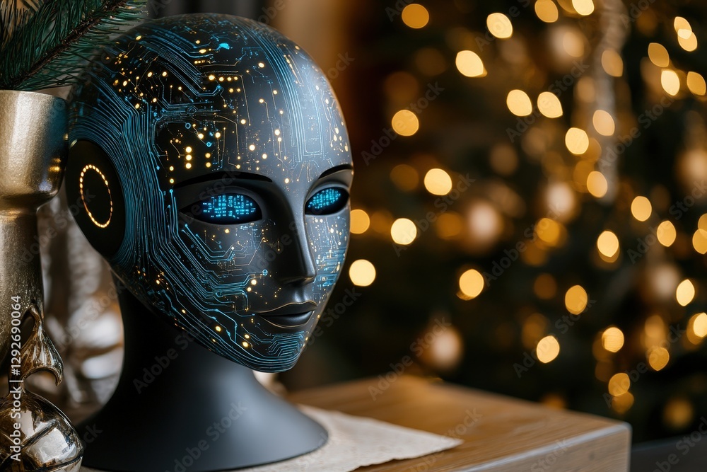 Poster non-biological humanoid, futuristic robot head with circuit patterns illuminated by soft bokeh chris