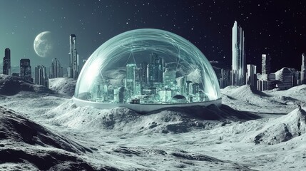 A futuristic city encased in a transparent energy dome on a distant moon