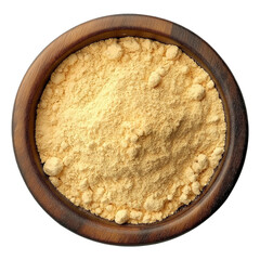 chicken stock powder in a wooden bowl top view isolated on transparent white background, clipping path