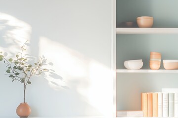 Bright And Inviting Virtual Office Backdrop, Sleek Shelving With Aesthetic Decor Creating A Modern Ambiance In A Cozy Setting