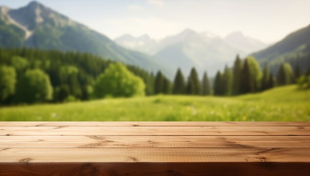 Empty wooden table top with a blurred green field and mountain background for product display, picnic, or food concept. Vintage rustic wood desk background