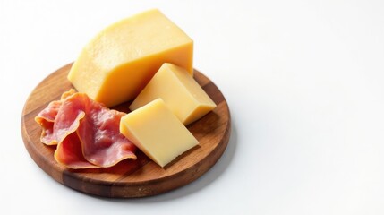 A delectable arrangement of cheese and cured meat on a rustic wooden board