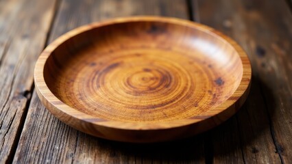 Obraz premium A beautifully crafted wood plate with a natural grain pattern, placed on a rustic wooden surface.