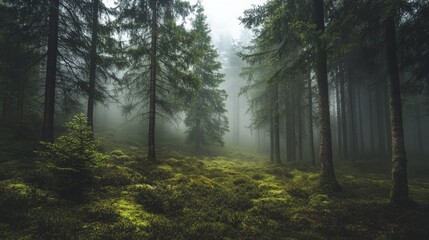 Obraz premium Misty forest path with tall trees and lush greenery. A mystical and serene atmosphere.