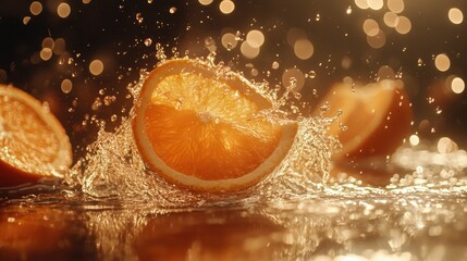 Juicy orange slices splashing in water, golden bokeh background. Perfect for refreshing drink ads, health websites, or food blogs.