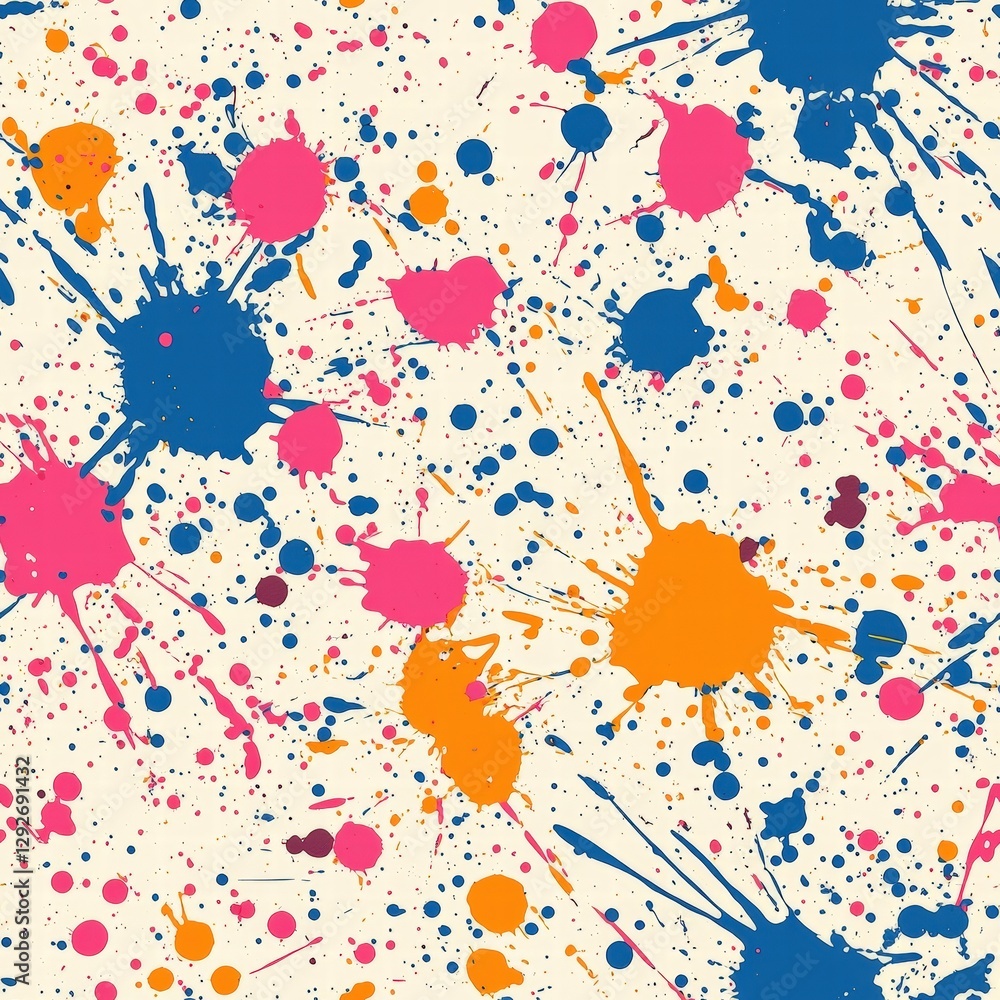 Poster energetic and colorful paint splat patterns on a clean white background ideal for creative projects