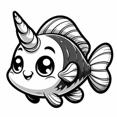 Cute unicornfish with a small horn and curved fins, black-and-white drawing, designed for a children's coloring book.