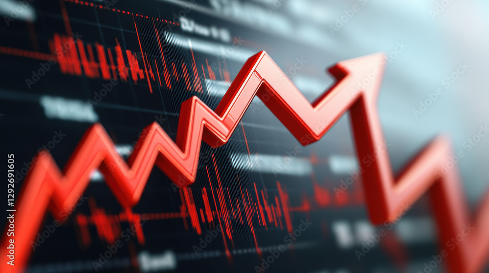 Poster red arrow pointing upward on a stock market graph with a white background