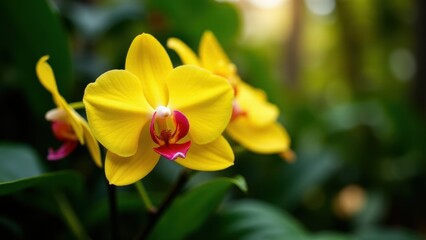 Fototapeta premium A vibrant yellow orchid with a striking red and white center, set against a lush green background.