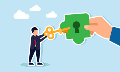 A businessman holds a key intending to insert it into a hole in a puzzle held by a hand, illustration of a solution to business problems