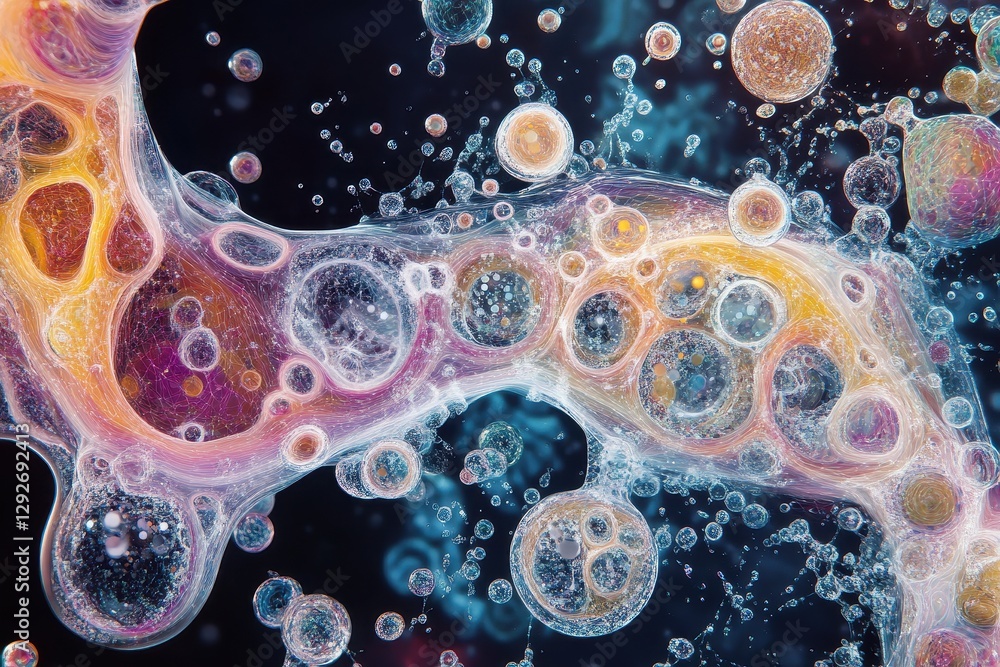 Poster abstract image of colorful bubbles and intricate patterns. ideal for science, technology, or artisti