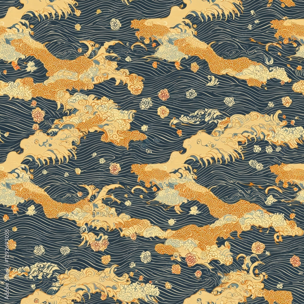 Poster unique pattern featuring horses and waves combining dynamic elements of nature and animal life