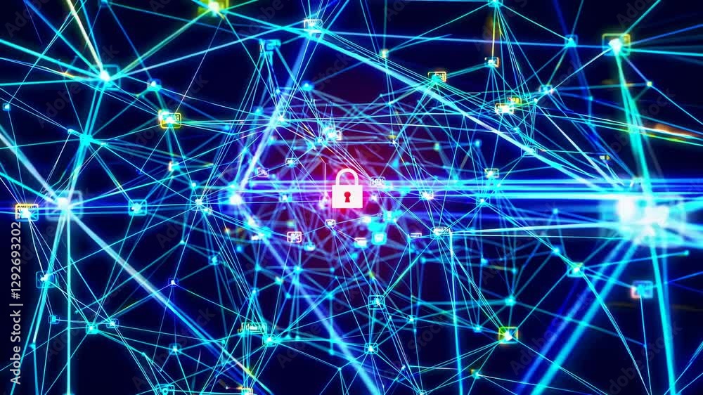 Poster top-down view of a digital network with a red padlock at the center, symbolizing cybersecurity. futu